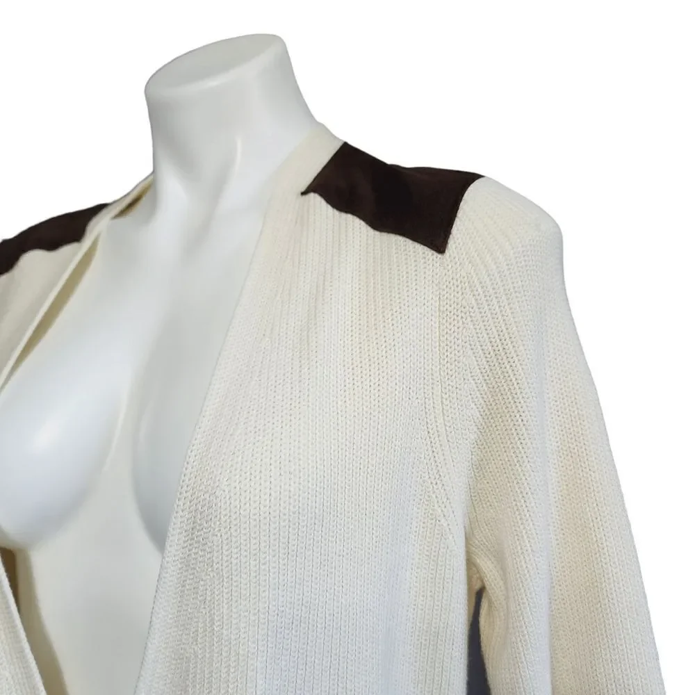 Lauren Ralph Lauren Cardigan L Cream Brown Shoulder Patch Teacher Equestrian
